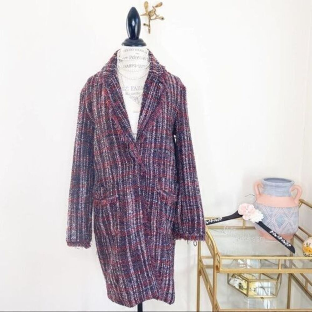 Bershka long tweed plaid open coat exposed…